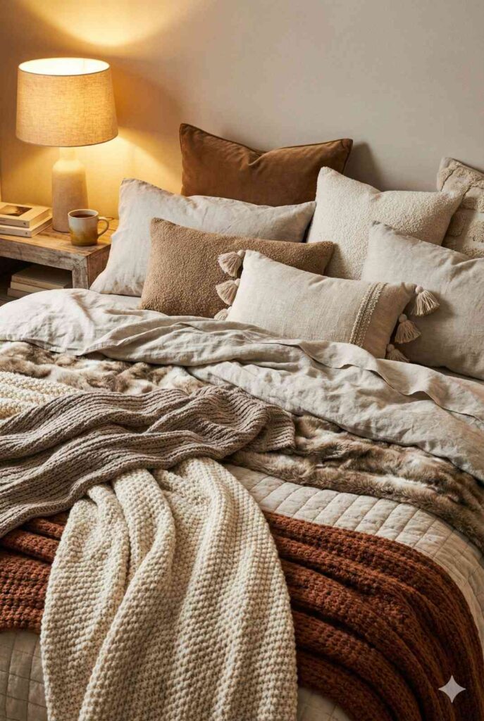Cozy Bed with Layered Blankets